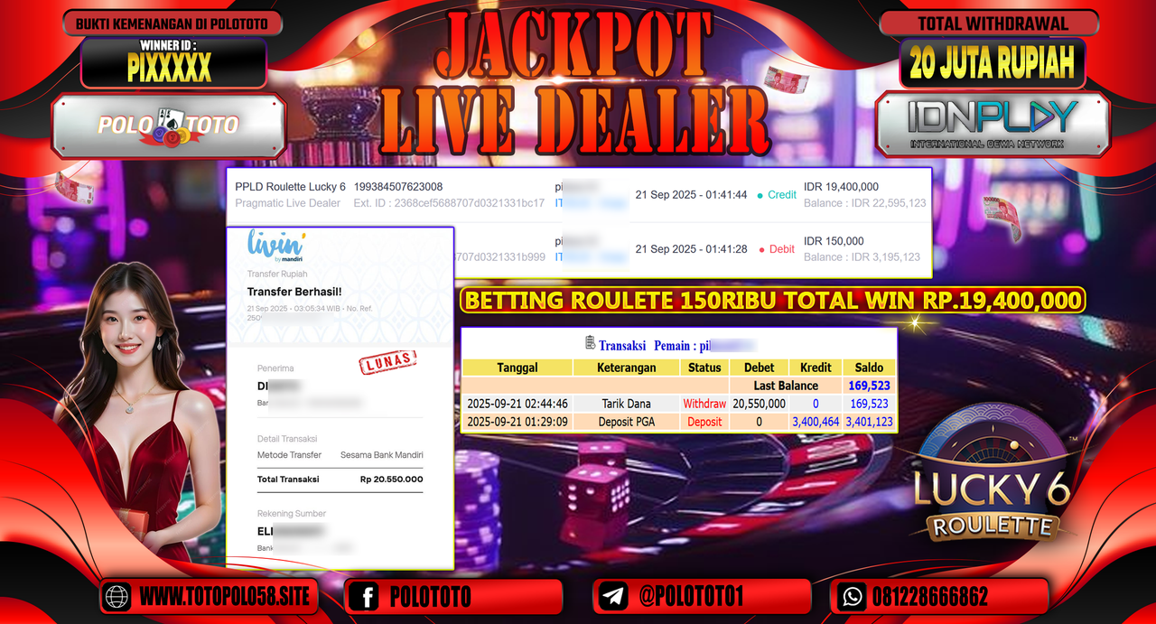 POLOTOTO JACKPOT LIVE DEALER PPLD ROULETTE LUCKY 6 Rp.20.550.000,-
