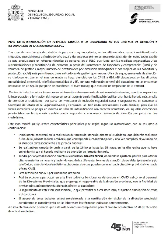 PLAN DE INTENSIFICACIÓN DE ATENCION DIRECTA A LA CIUDADANIA EN LOS CENTROS DE ATENCIÓN EINFORMACIÓN DE LA SEGURIDAD SOCIAL