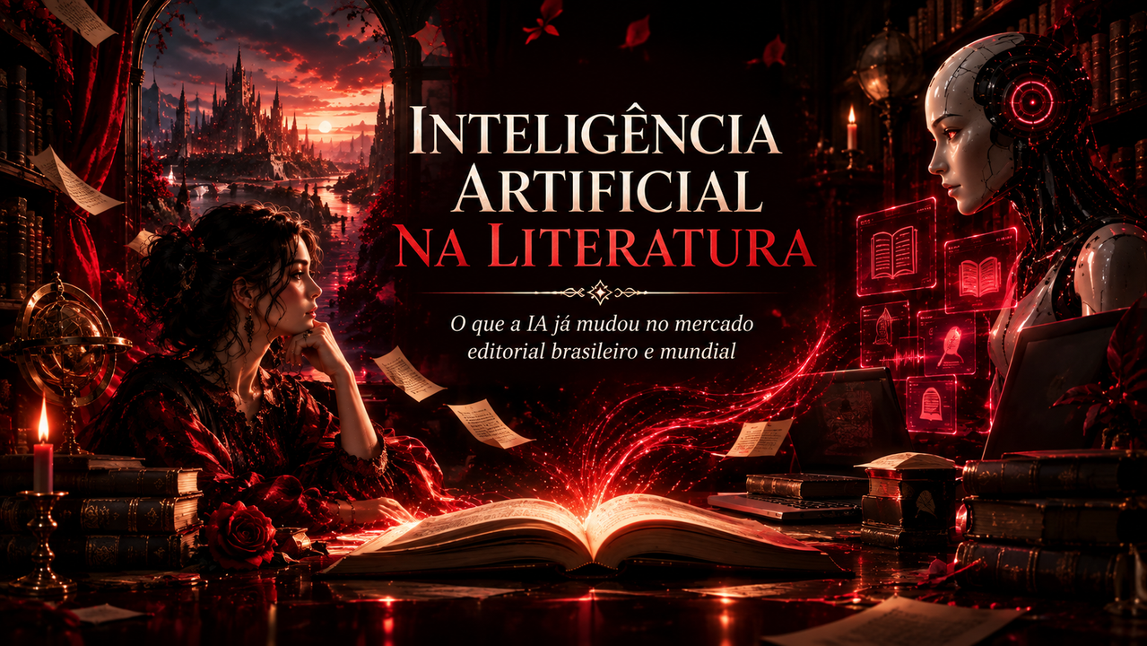 Capa ilustrada em tons escuros e dourados com o título Inteligência Artificial na Literatura: O que a IA já mudou no mercado editorial brasileiro e mundial, retratando conexões neurais e páginas de livros.