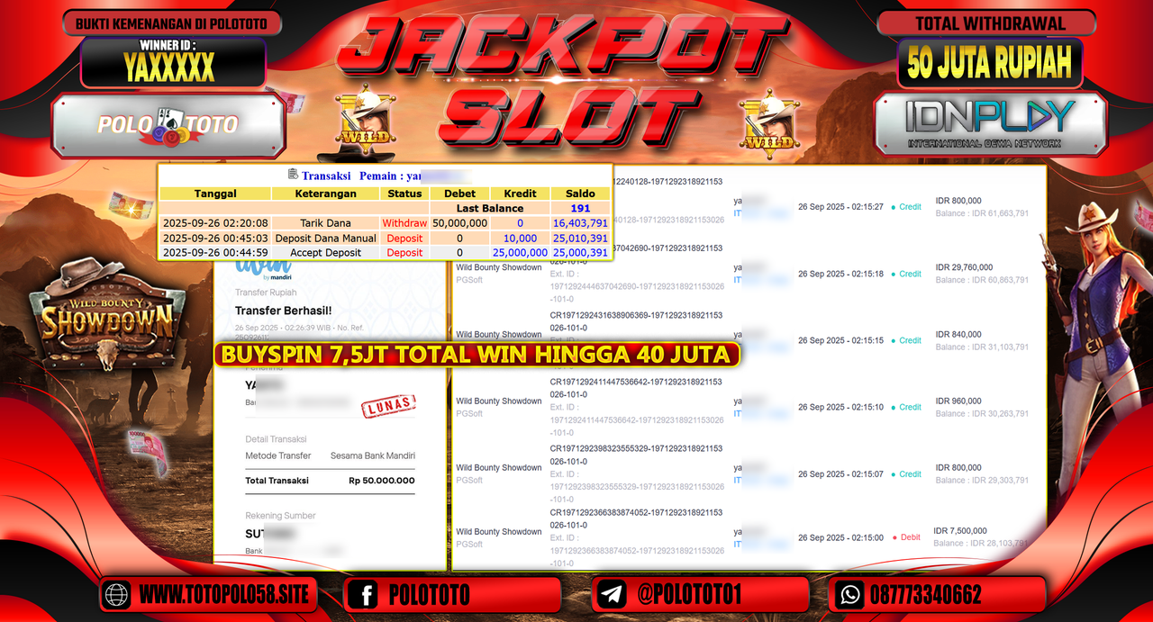 POLOTOTO JACKPOT SLOT WILD BOUNTY SHOWDOWN Rp.50.000.000,- LUNAS