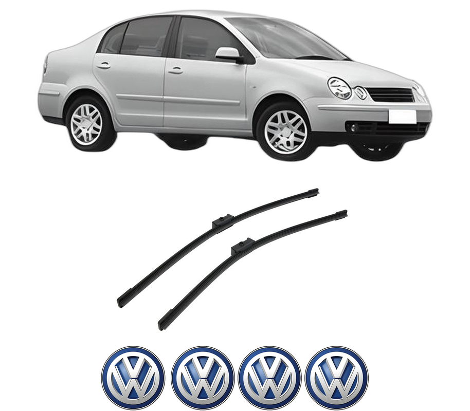 Set stergatoare auto Volkswagen POLO IV Saloon (9A4, 9A2, 9N2, 9A6) din 2002-2012, pentru parbriz auto, 2 bucati, Bosch Aerotwin, din cauciuc siliconat rezistent, 4 Stickere Auto Volkswagen