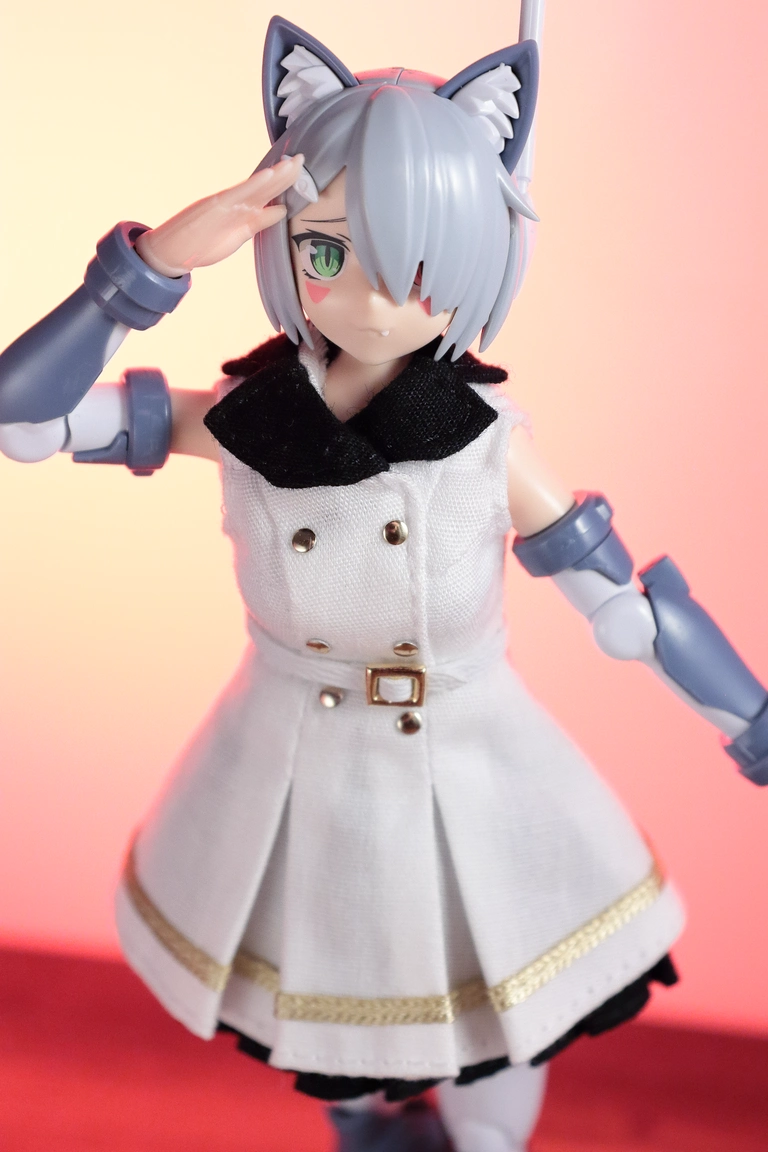 A front view of “Variable Fighter Girls” Kairos girl wearing the dress from a 1/12 Military One-piece Dress Set in white and black