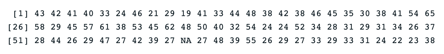 Output of the print function with the MindsetMatters data frame and the Age variable