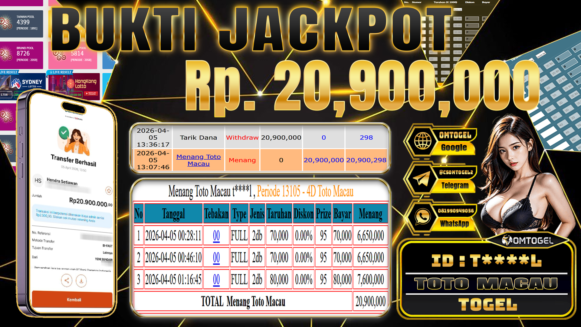 OMTOGEL JACKPOT TOGEL TOTOMACAU 2D, 20 JUTA DI BAYAR LUNAS ,-