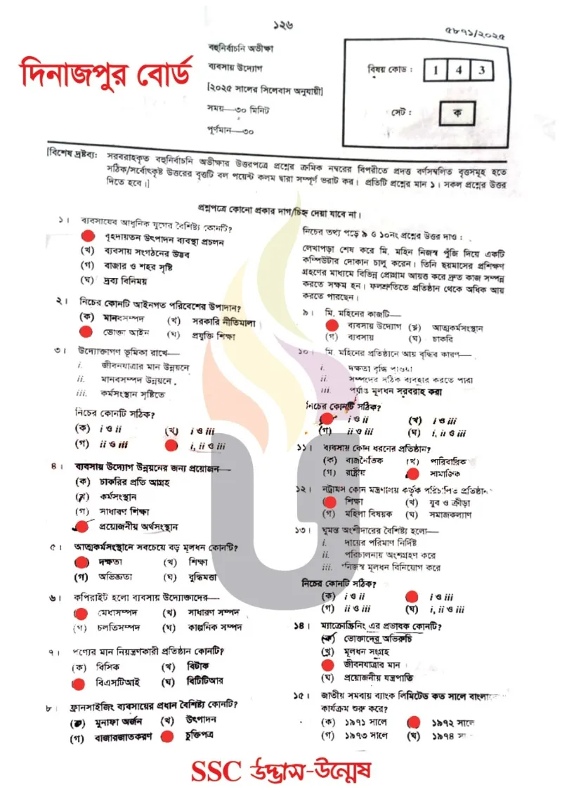 Business Entrepreneurship MCQ Question solution 2025 Dinajpur Board