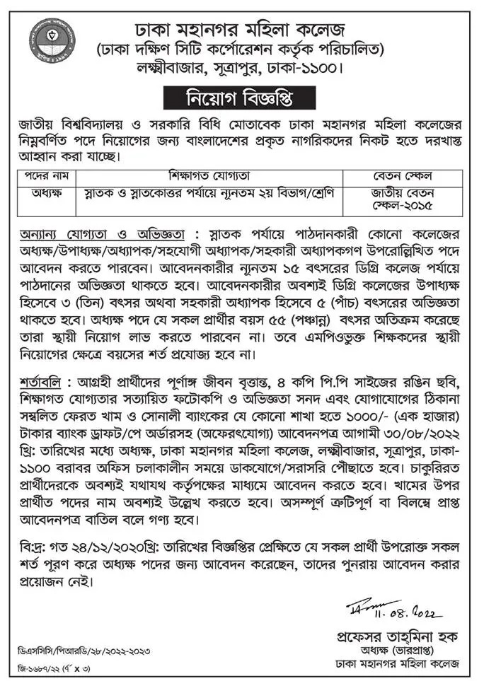 Dhaka Mohanogor Mohila College Job Circular 2022