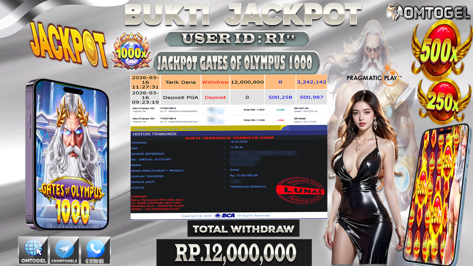 OMTOGEL JACKPOT PRAGMATIC PLAY GATES OF OLYMPUS 1000, 12 JUTA DI BAYAR LUNAS ,-