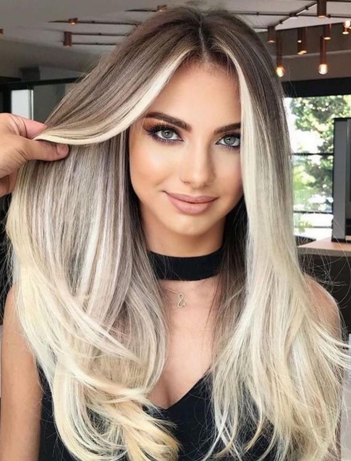 Balayage dark roots platinum blonde long hair