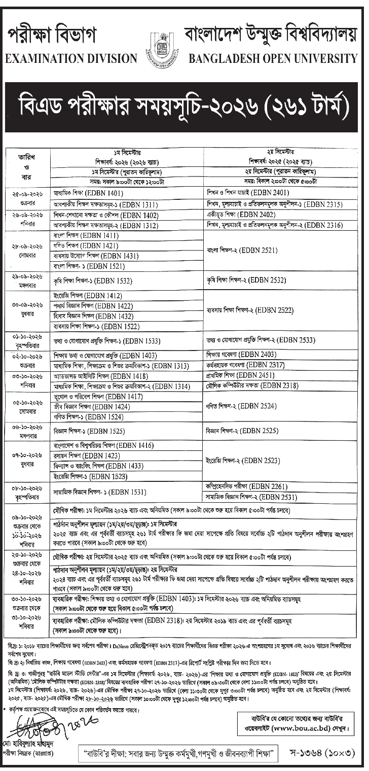 Bangladesh Open University BOU B.Ed Exam Routine 2026
