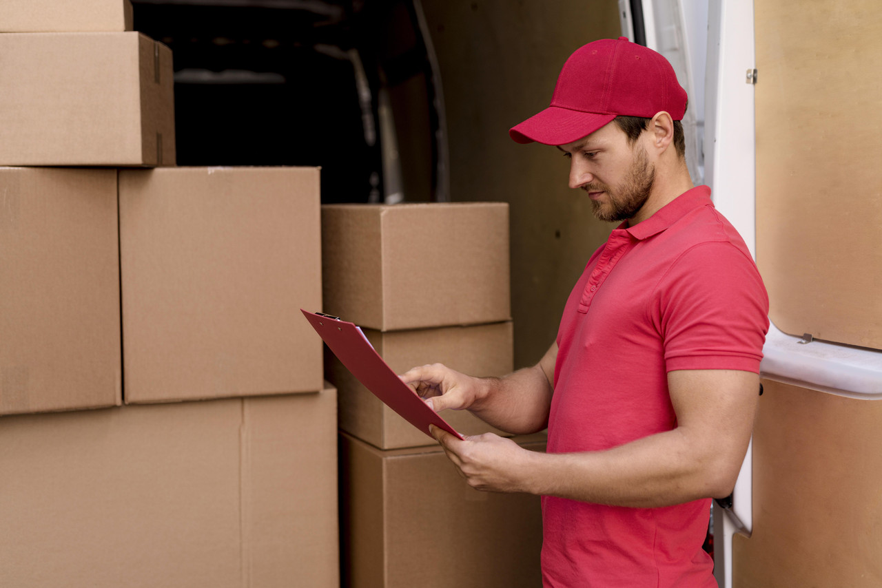 side view delivery man checking packages list