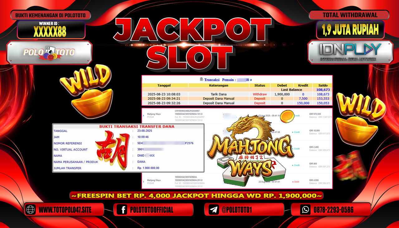 POLOTOTO JACKPOT SLOT MAHJONG WAYS Rp.1.900.000,- LUNAS