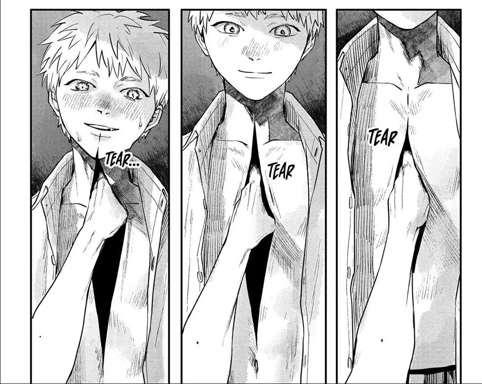 Panels from "The Summer Hikaru Died" manga, from right to left: a hand entering from the bottom of the frame enters a slit in an anime boy's chest, which expands at the hand moves upward towards his chin.