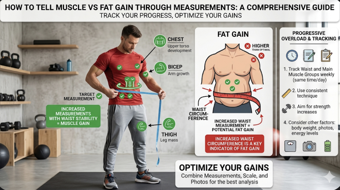 Person measuring waist with tape measure, demonstrating how to tell muscle vs fat gain through body measurements and track muscle gain