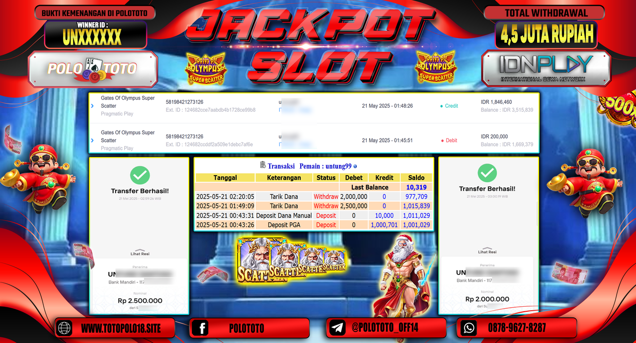 POLOTOTO JACKPOT SLOT GATES OF OLYMPUS SUPER SCATTER Rp.4.500.000,-