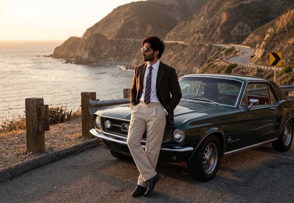 AI-generated example result for the creative-images prompt: Coastal Highway Sunset Vintage Coupe by Prompt Craft