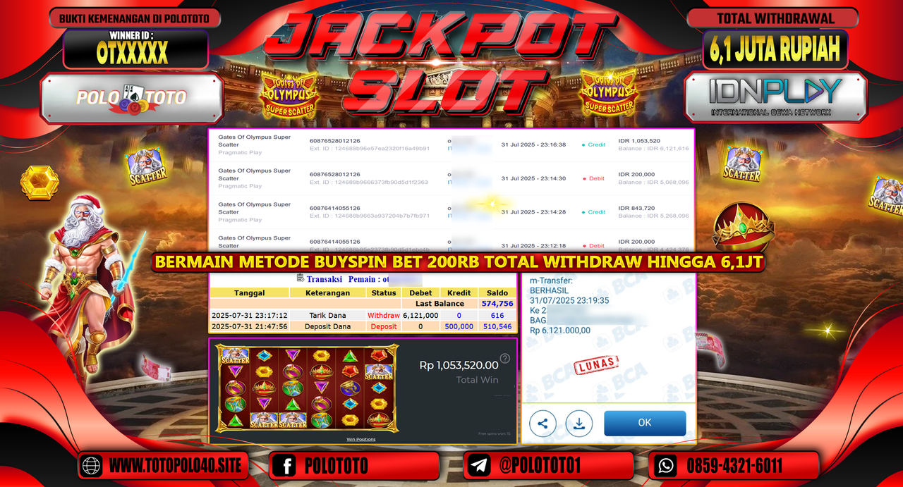 POLOTOTO JACKPOT SLOT GATES OF OLYMPUS SUPER SCATTER Rp.6.100.000,-LUNAS
