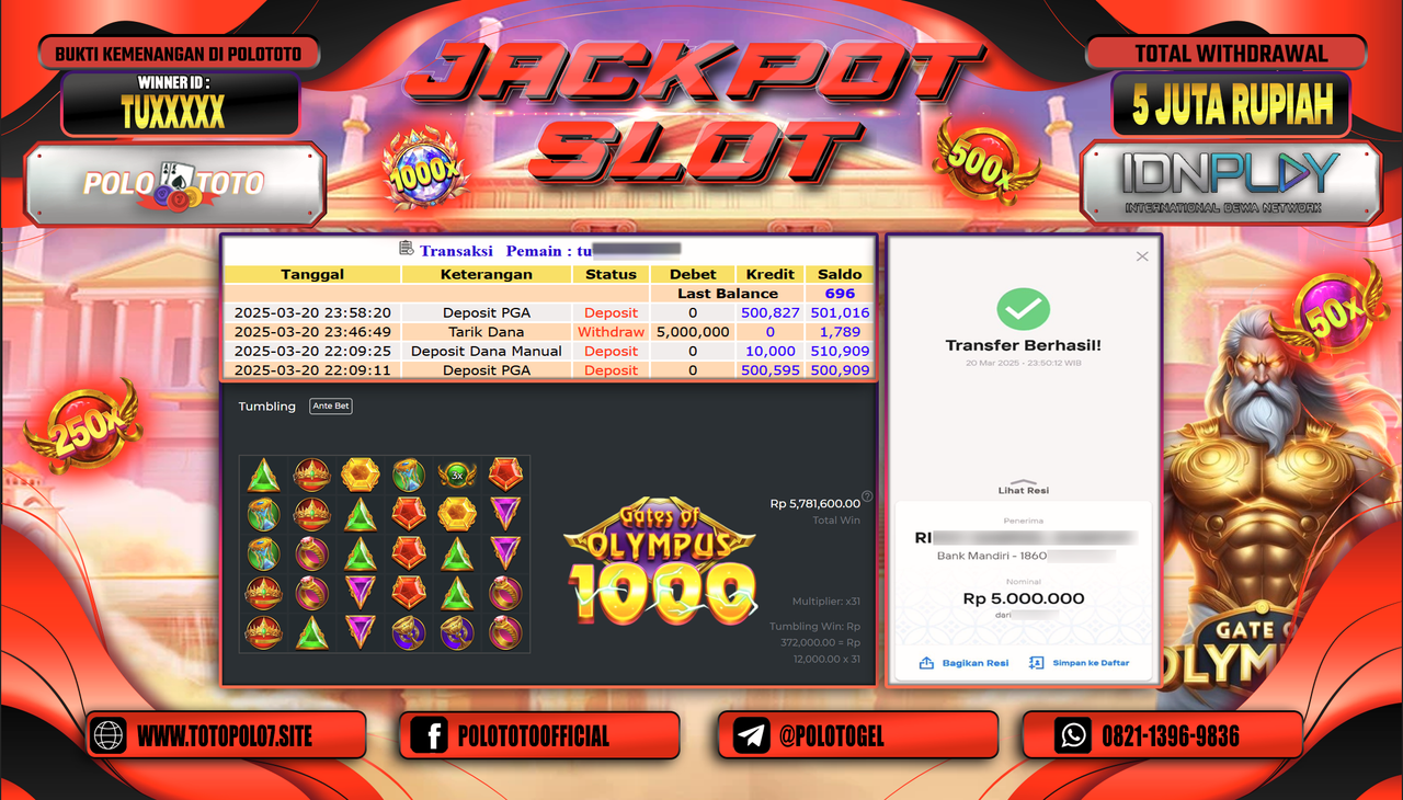 POLOTOTO JACKPOT SLOT GATES OF OLYMPUS 1000 Rp.5.000.000,-