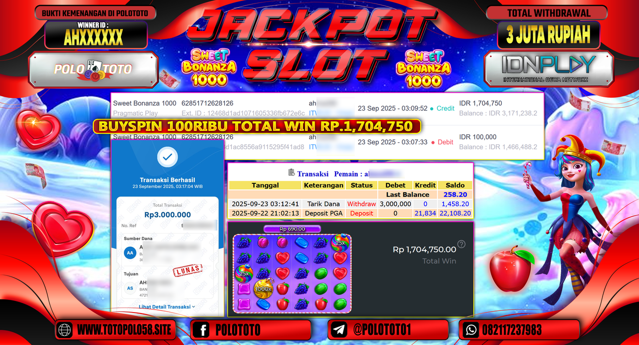 POLOTOTO JACKPOT SLOT SWEET BONANZA 1000 Rp.3.000.000,-