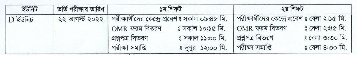 Chittagong University D Unit Exam Date