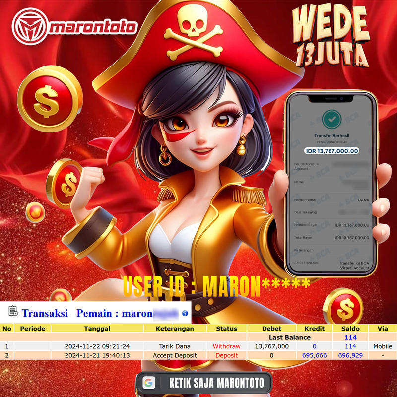 Bukti Kemenangan Member Marontoto Sebesar 13 JUTA