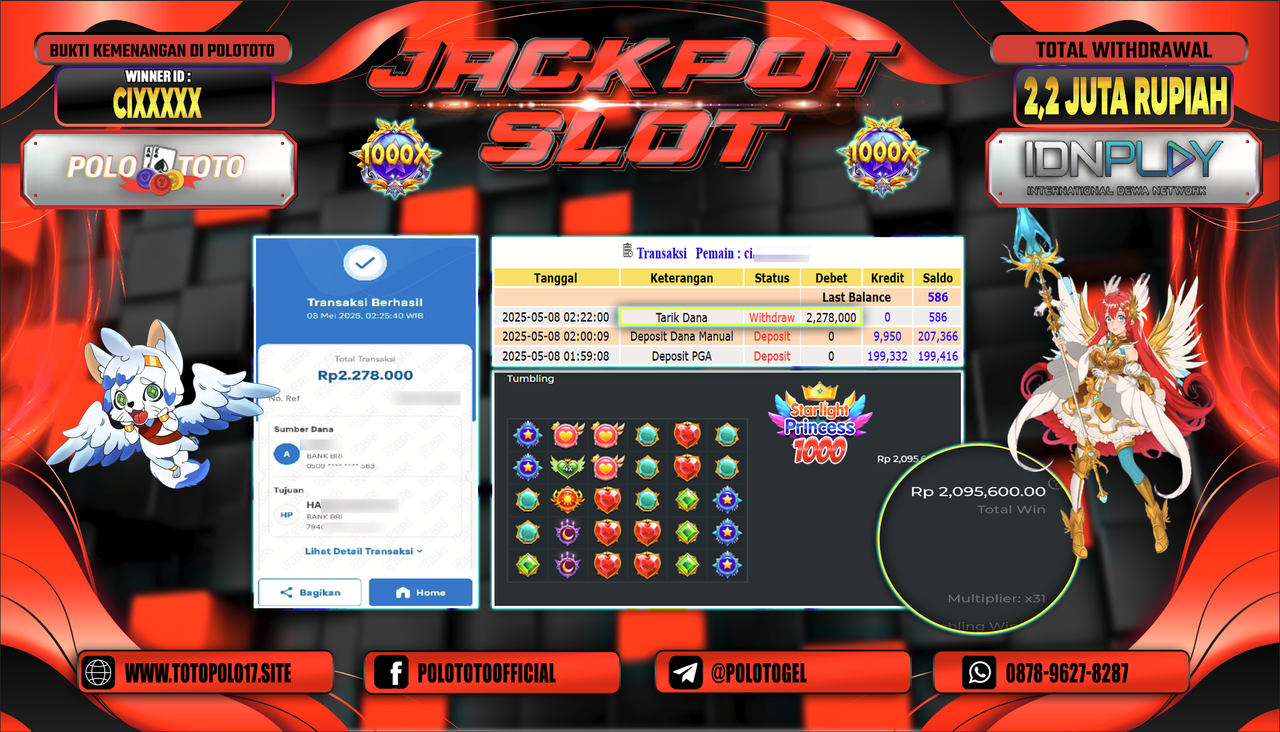 POLOTOTO JACKPOT SLOT STARLIGHT PRINCESS 1000 Rp.2.278.000,-