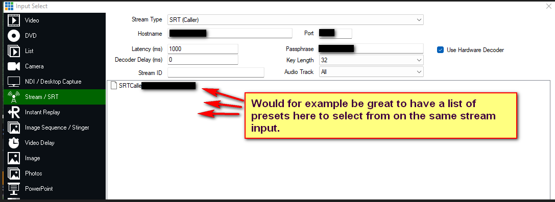 Feature request: stream presets under one same input