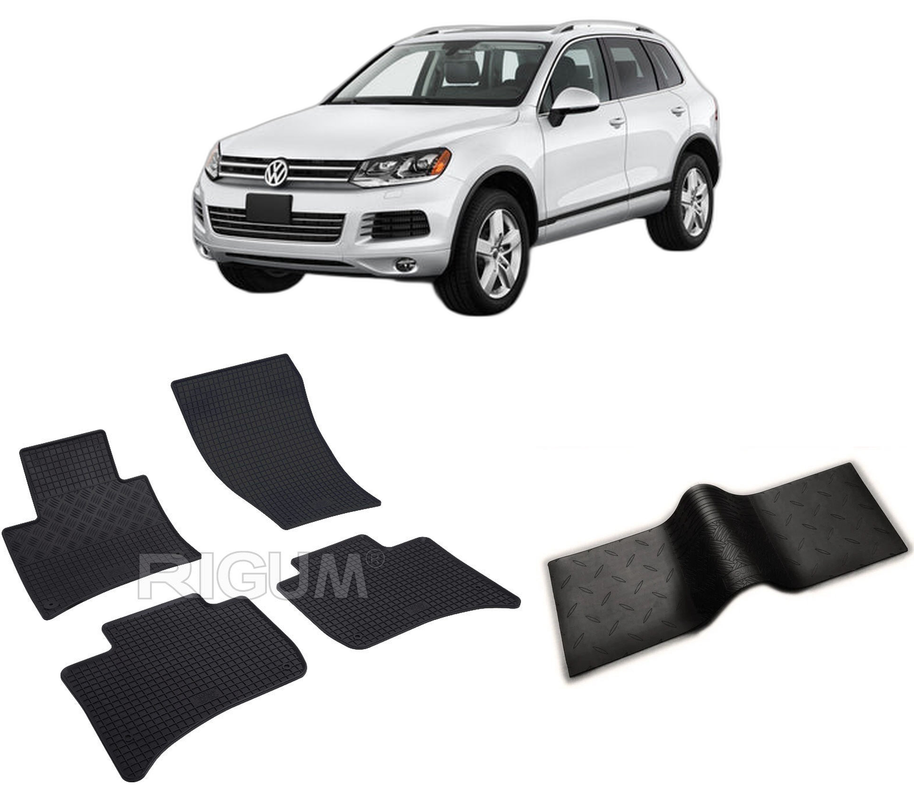 Set covorase auto VOLKSWAGEN TOUAREG II din 02.2010-03.2018, cu covoras tunel median, CAROSERIE SUV, Presuri cauciuc 100%, compatibil cu autoturismul VOLKSWAGEN TOUAREG II, Rigum