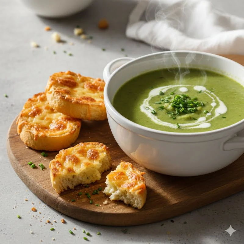 Fertige Brokkolicremesuppe mit Käse-Crostini