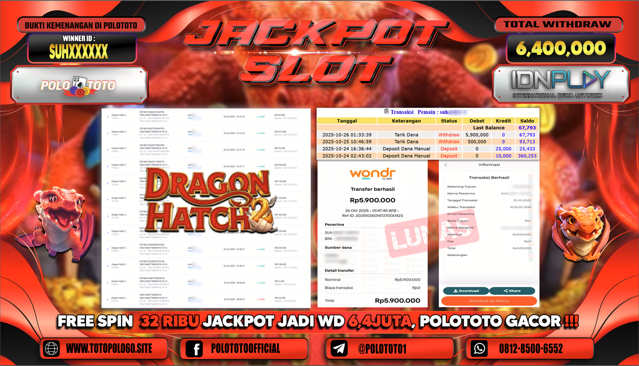 POLOTOTO JACKPOT SLOT DRAGON HATCH 2 Rp.6.400.000,- LUNAS