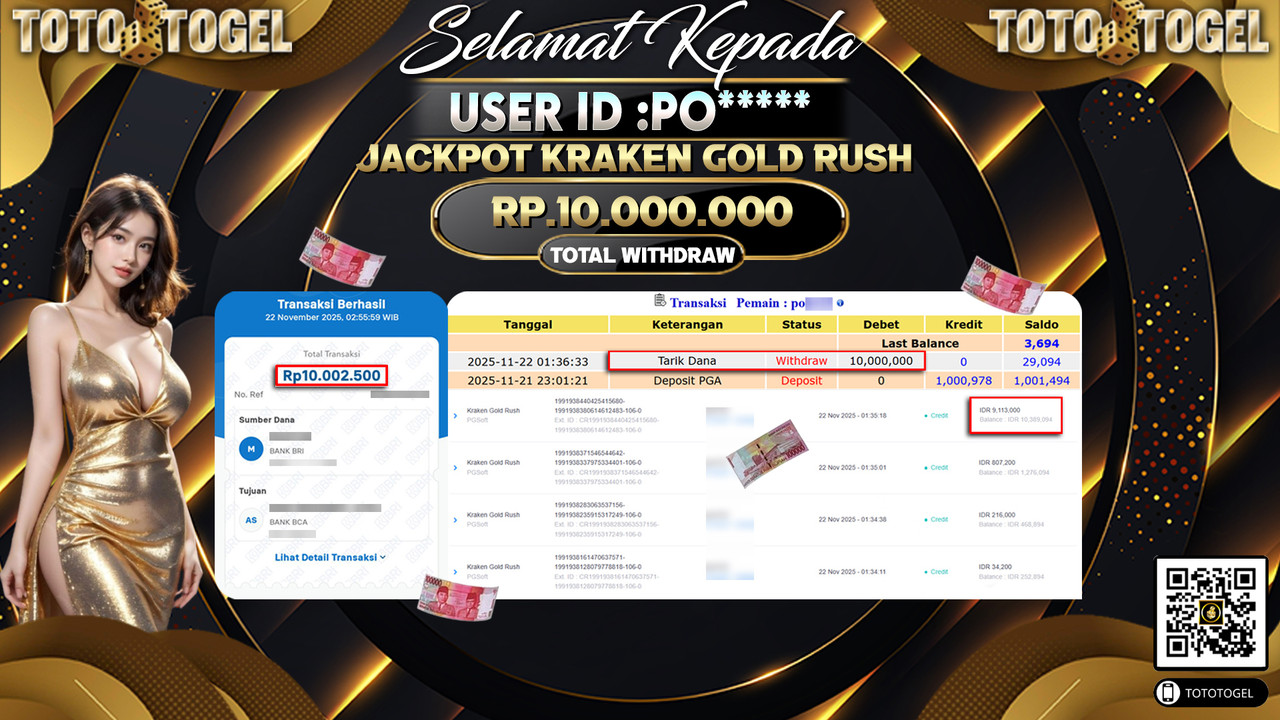Bukti Pembayaran Jackpot Permainan Slot Kraken Gold Rush ID:PO***** LUNAS
