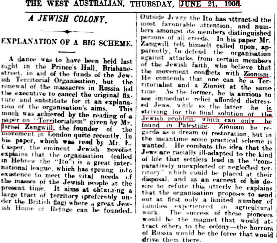 Holocaust - The West Australian (Perth) - June 1906 - Israel Zangwill - Zionism and the final soluti