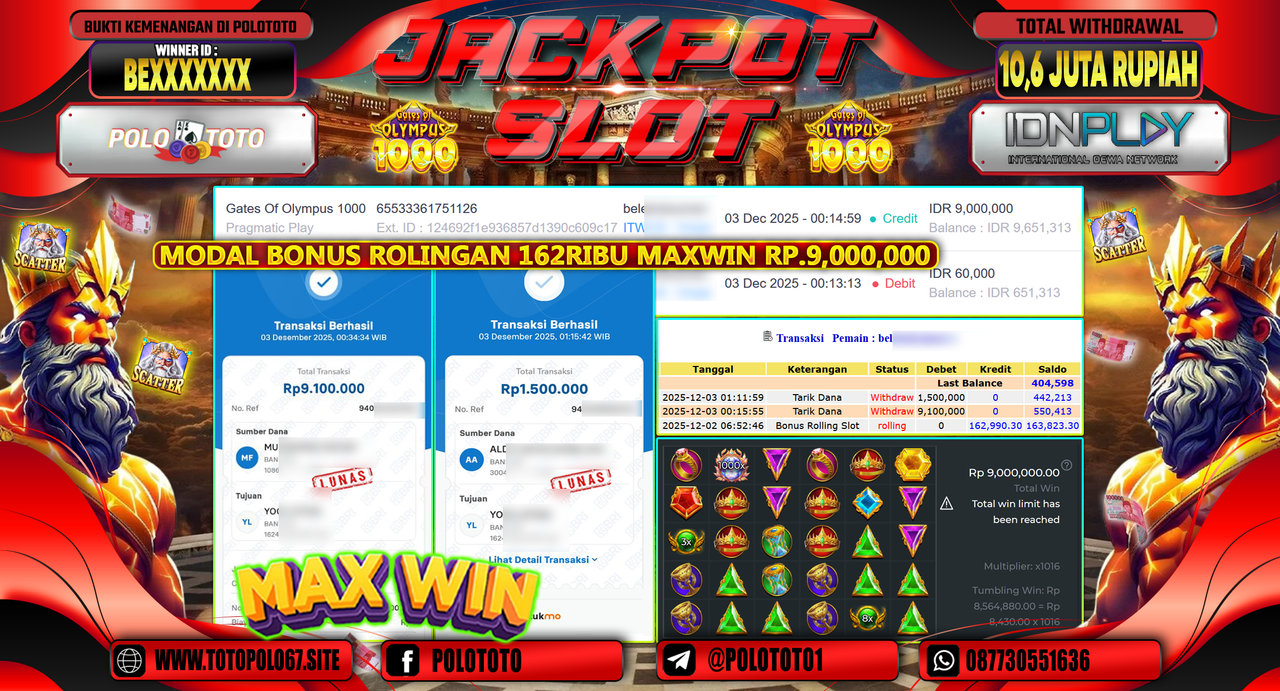 POLOTOTO JACKPOT SLOT GATES OF OLYMPUS 1000 Rp.10.600.000,- LUNAS