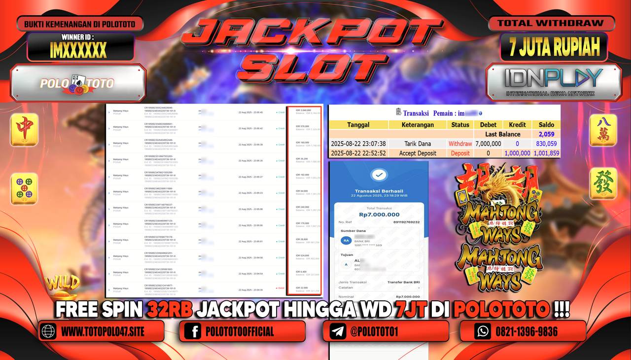 POLOTOTO JACKPOT SLOT MAHJONG WAYS Rp.7.000.000,-