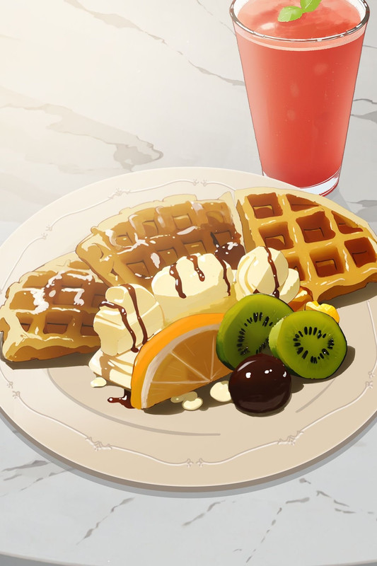 waffels with vanille ice, fruits and choco sauce. Watermelon smoothy on the side