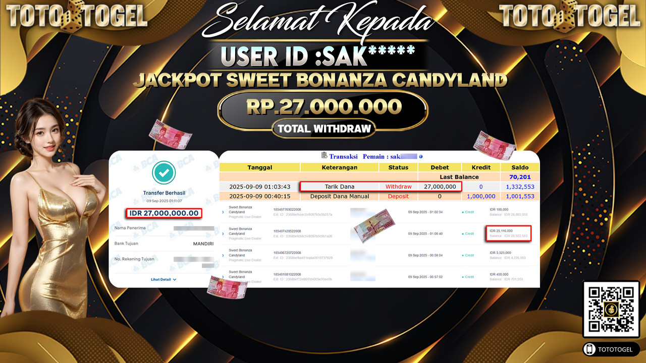 Bukti Pembayaran Jackpot Permainan Pragmatic Live Dealer Sweet Bonanza Candyland ID:SAK***** LUNAS
