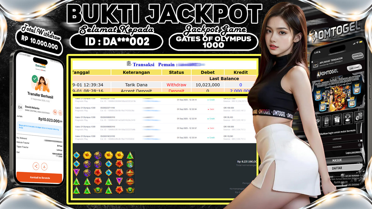 OMTOGEL JACKPOT PRAGMATIC PLAY GATES OF OLYMPUS 1000 10 JUTA DI BAYAR LUNAS ,-