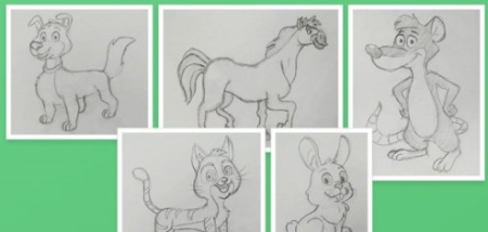 Animal Character Drawing (Cat, Dog, Horse, Rabbit & Mouse)