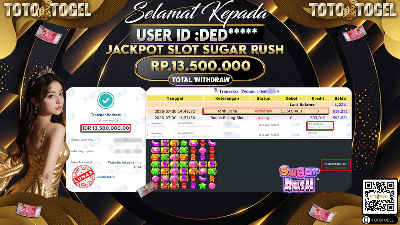 Bukti Pembayaran Jackpot SLOT SUGAR RUSH ID:DED**** LUNAS