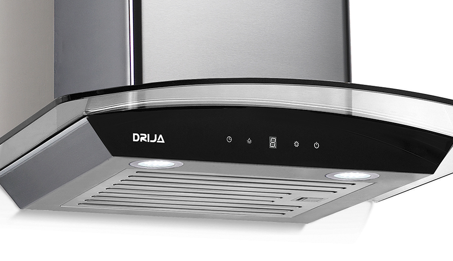Extractor de Grasa Drija Prisma Touch 76 con diseño curvo en acero y vidrio.