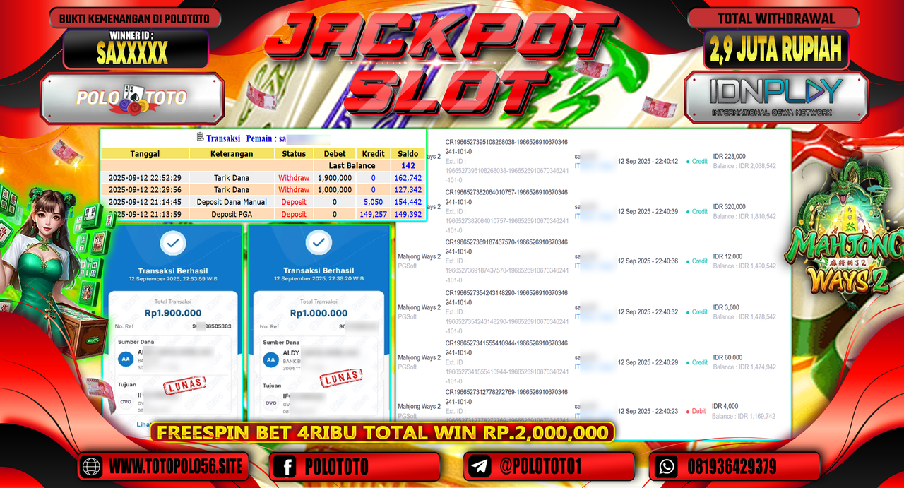 POLOTOTO JACKPOT SLOT MAHJONG WAYS 2 Rp.2.900.000,-