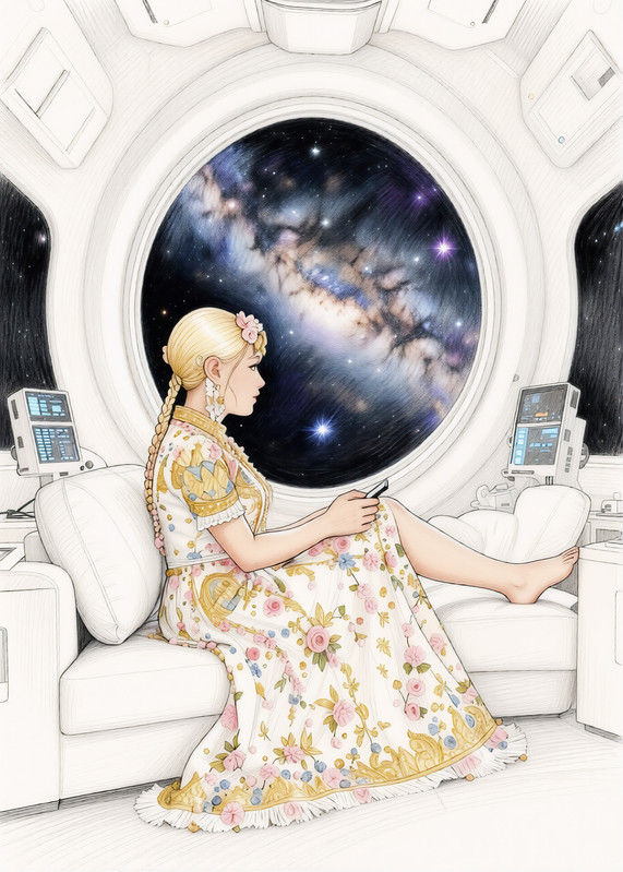 Космос через илюминатор (наброски с узором на платье цветными карандашами)