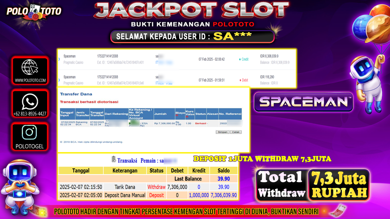 POLOTOTO JACKPOT SLOT SPACEMAN Rp.7,306.000,-