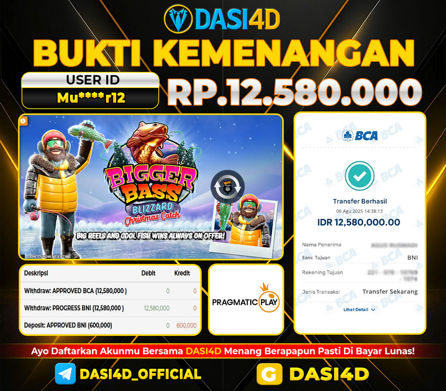 BUKTI KEMENANGAN 06 AGUSTUS DI BIGGER BASS WD 12.580.000