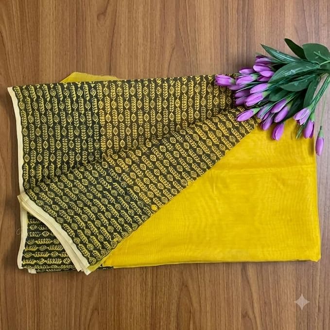 Women's Ready to Wear Handcrafted Chanderi Silk Saree with Block Print