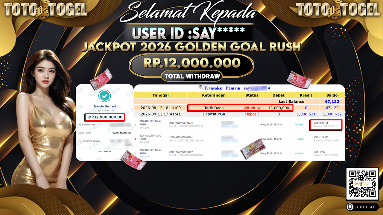 Bukti Pembayaran Jackpot Slot 2026 Golden Goal Rush ID:SAY*****LUNAS