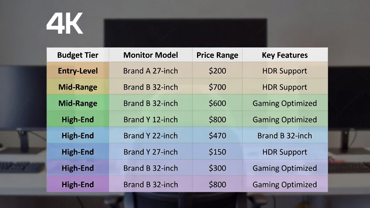 Price comparison chart showing affordable 4K monitors across different budget tiers