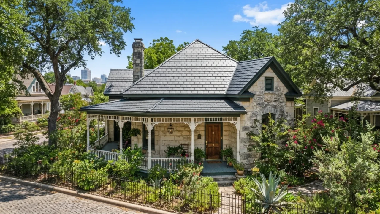 Metal shingle tile roof resembling slate on a historic San Antonio home