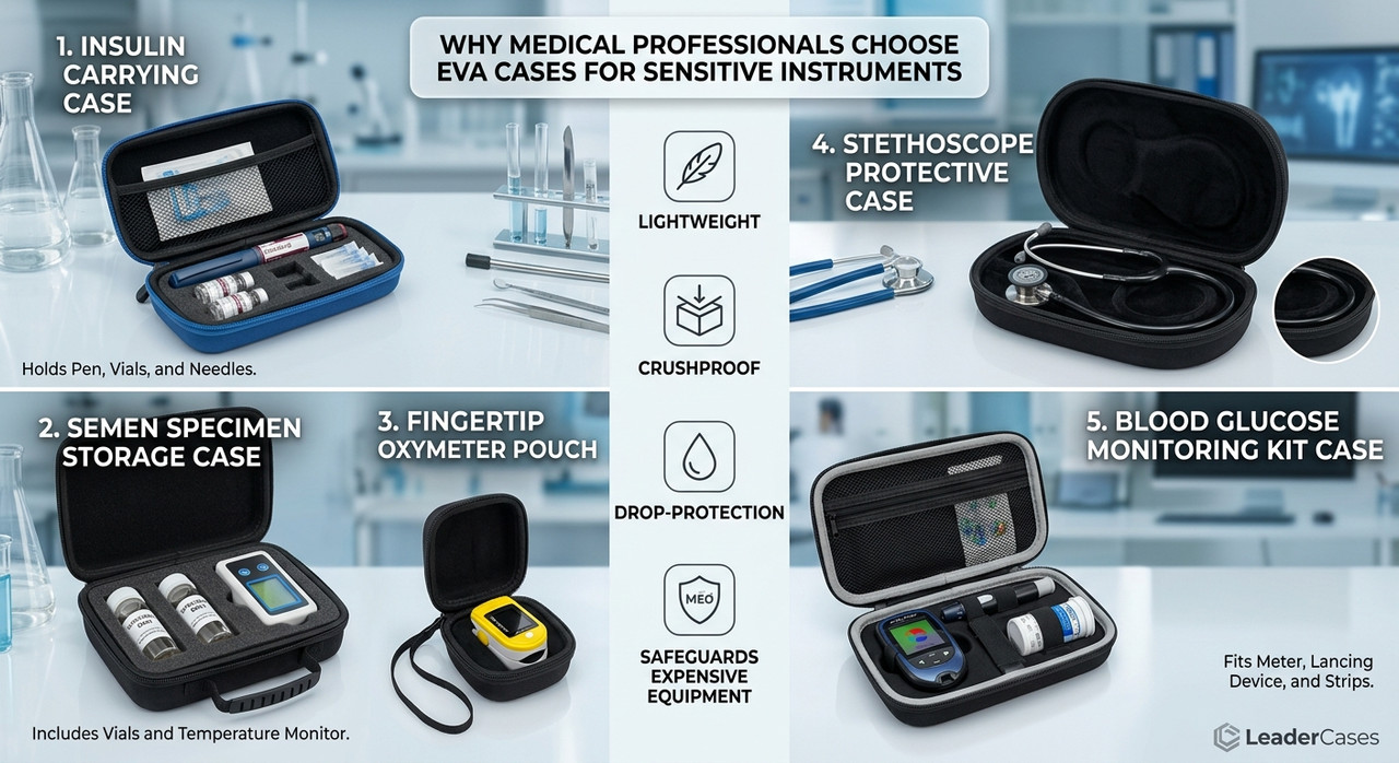 Side-by-side comparison of a custom EVA medical case with die-cut foam insert vs an injection-molded hard plastic case on a laboratory table.