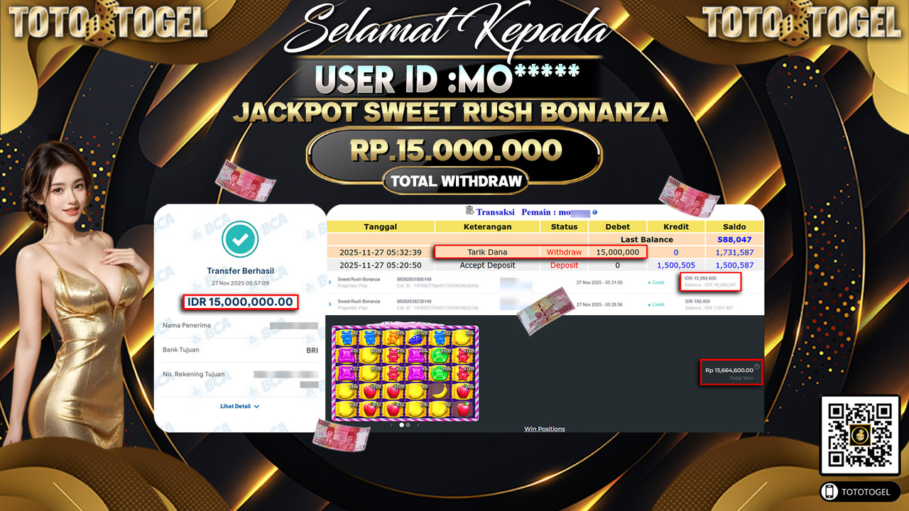 Bukti Pembayaran Jackpot Permainan Slot Sweet Rush Bonanza ID:MO***** LUNAS