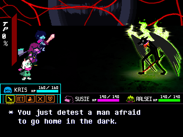 The Knight fight from Deltarune, but with Jack (Bec) Noir replacing The Knight. Jack is emitting green flame from the top of his body. Text at the bottom of the screen reads "You just detest a man afraid to go home in the dark."